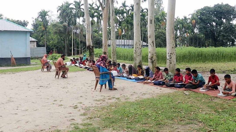 খোলা আকাশের নিচে পাঠদান, ঝুঁকিতে পঞ্চগড়ে শিক্ষার্থীরা