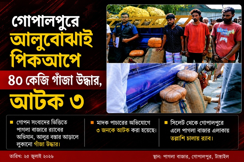 গোপালপুরে আলুবোঝাই পিকআপে ৪০ কেজি গাঁজা উদ্ধার, আটক ৩