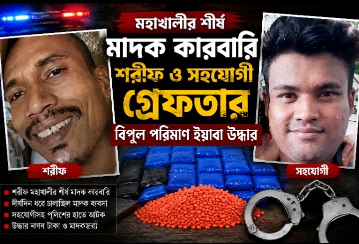 মহাখালীর শীর্ষ মাদক কারবারি শরীফ ও সহযোগী গ্রেফতার, বিপুল পরিমাণ ইয়াবা উদ্ধার